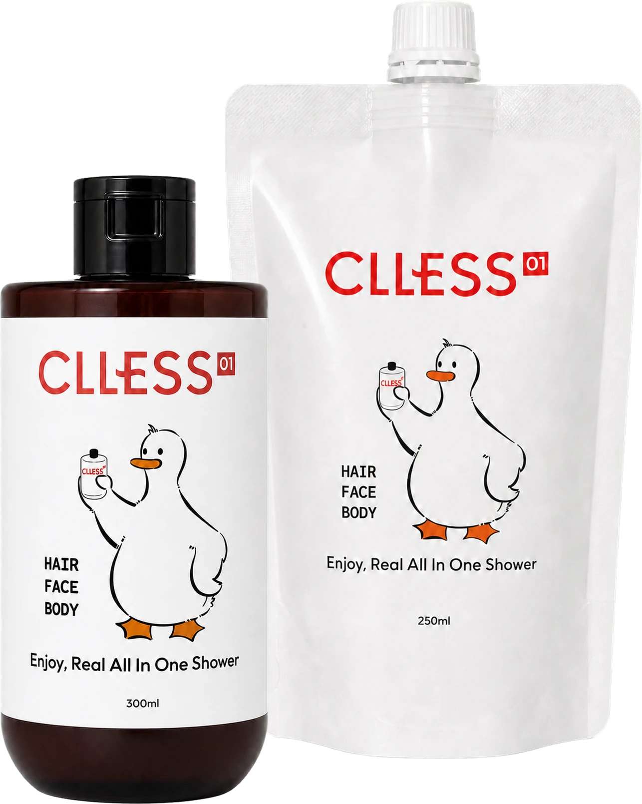 CLLESS 01 세트 — 갈색 본품 300ml과 흰색 리필 파우치 250ml. 라벨에 오리 지오