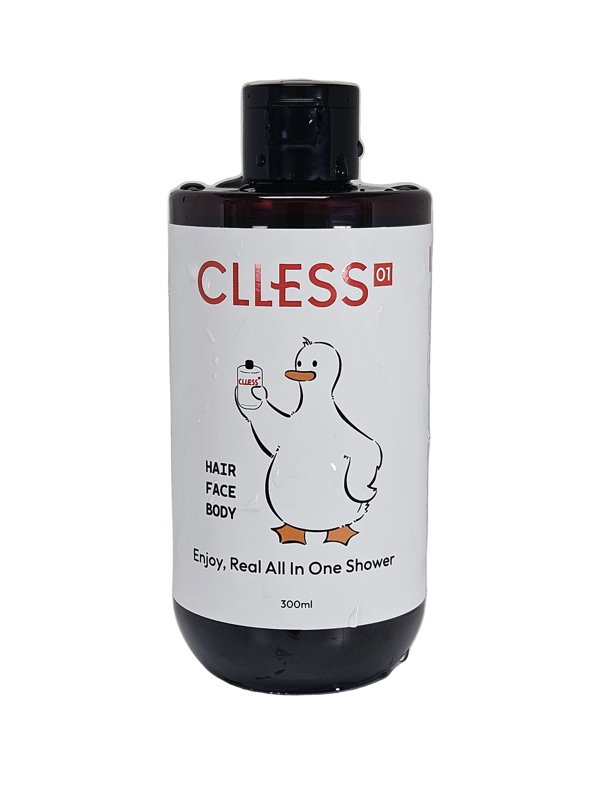 CLLESS 01 본품 300ml — 물방울이 맺힌 갈색 용기. 라벨에 오리 지오